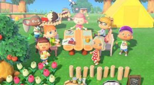 Animal Crossing New Horizons characters hanging out around a table