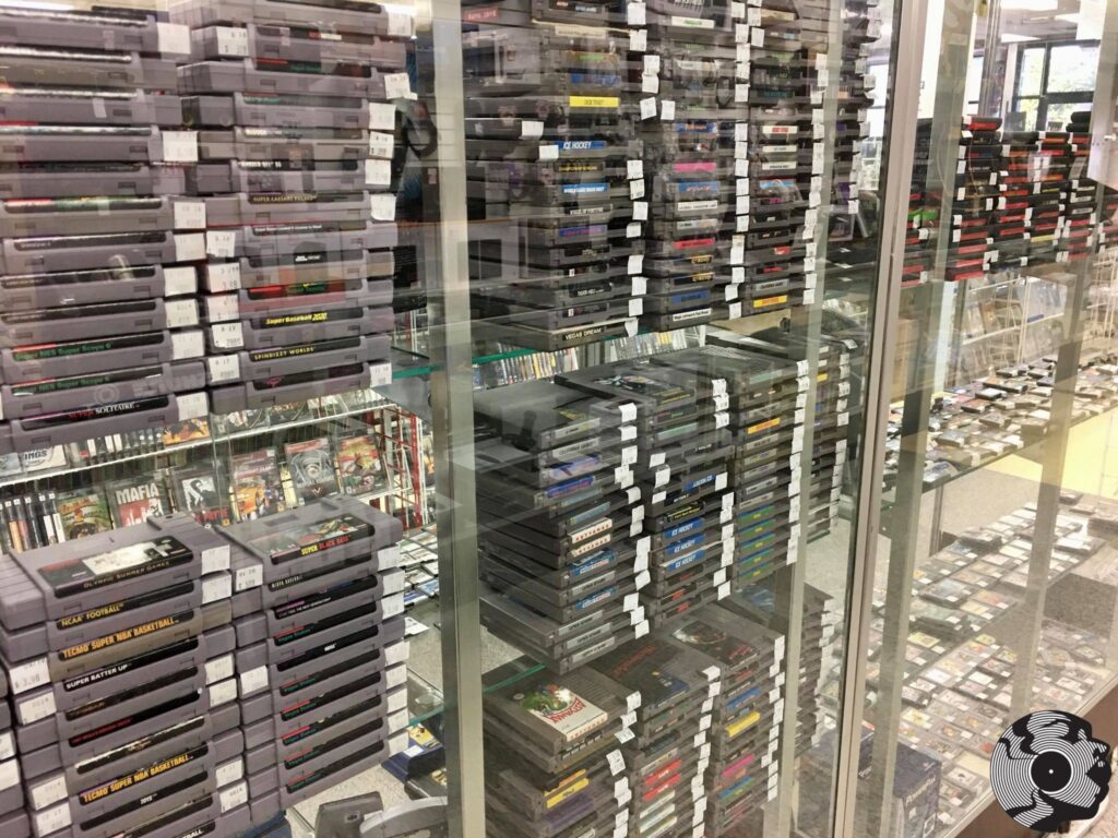 A cabinet filled with retro video games
