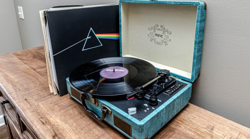 Blue Portable Record player with Dark Side of the Moon