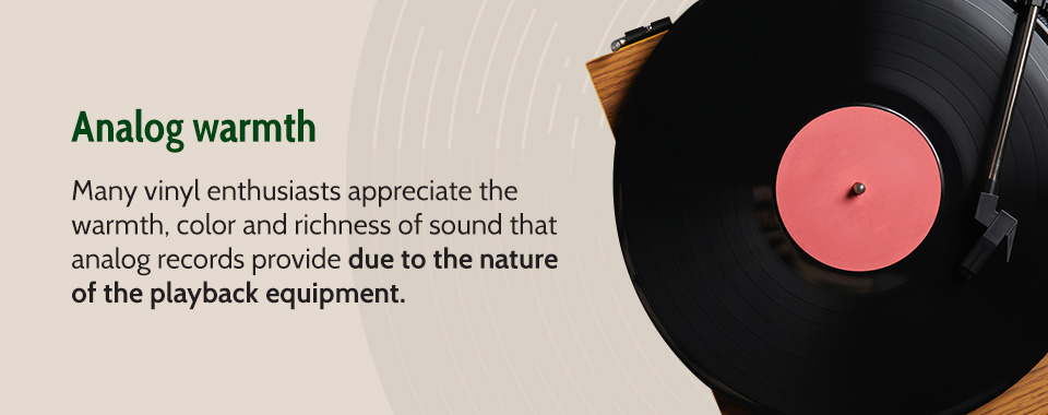 a close up birds eye view of a record player along with text describing analog warmth