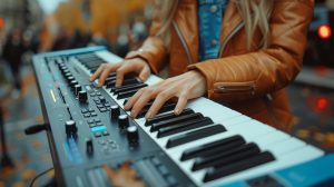 A women playing the keyboard on a city street